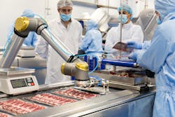 Figure 3: Spanish food company COVAP deploys a UR10 collaborative robot from Universal Robots in a pick-and-place application on a cured meat packaging line. Image credit: Universal Robots.