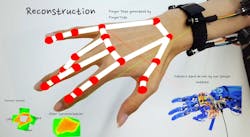 Figure 2: FingerTrak's deep learning model analyzes only the outline of the wearer's hand to estimate finger joint positions. Figure 2: FingerTrak's deep learning model analyzes only the outline of the wearer's hand to estimate finger joint positions.
