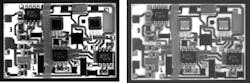 Figure 13: The PCB imaged with ring light on left shows glare and missing detail, while the PCB imaged with flat dome light on the right has reduced glare and visible details. Figure 13: The PCB imaged with ring light on left shows glare and missing detail, while the PCB imaged with flat dome light on the right has reduced glare and visible details.