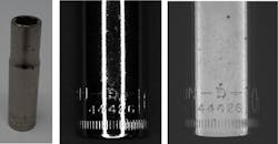 Figure 10: Examples of imaging a socket wrench (left), using diffuse ring light (center) and flat dome light (right) are shown here. Figure 10: Examples of imaging a socket wrench (left), using diffuse ring light (center) and flat dome light (right) are shown here.