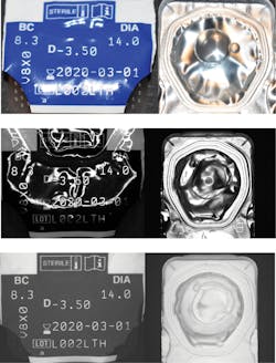 Figure 12: Examples of imaging wrinkled foil contact lens package (left), using diffuse ring light (center) and flat dome light (right) are shown here.