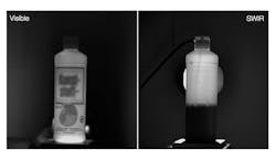 Figure 2: SWIR illumination renders transparent the label of a plastic container, allowing easy measurement of the fill level of a water-based liquid. Figure 2: SWIR illumination renders transparent the label of a plastic container, allowing easy measurement of the fill level of a water-based liquid.