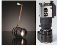 Figure 2: Two different methods of integrating liquid lenses into machine vision objectives. Left shows a retrofit of a 35 mm focal length lens with a liquid lens in the center, and right shows a retrofit of a 25 mm lens with the lens on the front of the objective. Figure 2: Two different methods of integrating liquid lenses into machine vision objectives. Left shows a retrofit of a 35 mm focal length lens with a liquid lens in the center, and right shows a retrofit of a 25 mm lens with the lens on the front of the objective.