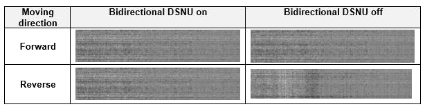 Figure 1: Dark images are compared with bidirectional DSNU on and off, according to scanning direction.