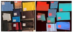 Figure 3: While textile samples may look very different under RGB illumination (left), hyperspectral analysis (right) may reveal they are made of precisely the same fibers.