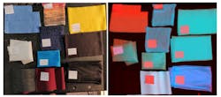 Figure 3: While textile samples may look very different under RGB illumination (left), hyperspectral analysis (right) may reveal they are made of precisely the same fibers. Figure 3: While textile samples may look very different under RGB illumination (left), hyperspectral analysis (right) may reveal they are made of precisely the same fibers.