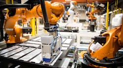 A Kuka KR 09 robot processes maritime battery parts at a Siemens production facility in Trondheim, Norway.