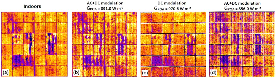 Figure 3: The research team applied modulated electrical waveforms to the images using DC square waveform and AC+DC DC sinusoidal methods. Results showed that AC+DC electrical modulation offered a more reproducible mean pixel value delta between EL and background images while DC modulation presented higher delta magnitude.