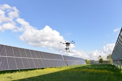 Figure 2: From a distance of about four meters from the panels, the drone’s camera acquires images of a stressed photovoltaic panel during testing in Denmark. Figure 2: From a distance of about four meters from the panels, the drone’s camera acquires images of a stressed photovoltaic panel during testing in Denmark.