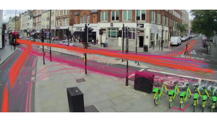 Figure 1: Vivacity Labs' proprietary traffic monitoring software uses lines to indicate paths taken by automobiles, pedestrians, or bicyclists.