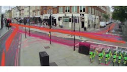 Figure 1: Vivacity Labs' proprietary traffic monitoring software uses lines to indicate paths taken by automobiles, pedestrians, or bicyclists. Figure 1: Vivacity Labs' proprietary traffic monitoring software uses lines to indicate paths taken by automobiles, pedestrians, or bicyclists.