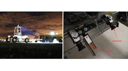 Figure 1: Experiments made use of NASA’s K-REX2 rover, pictured here night testing in the Roverscape (left). The virtual bumper setup comprises a multi-dot laser projector and camera mounted on the leading edge of the rover (right). Figure 1: Experiments made use of NASA’s K-REX2 rover, pictured here night testing in the Roverscape (left). The virtual bumper setup comprises a multi-dot laser projector and camera mounted on the leading edge of the rover (right).