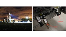 Figure 1: Experiments made use of NASA’s K-REX2 rover, pictured here night testing in the Roverscape (left). The virtual bumper setup comprises a multi-dot laser projector and camera mounted on the leading edge of the rover (right). Figure 1: Experiments made use of NASA’s K-REX2 rover, pictured here night testing in the Roverscape (left). The virtual bumper setup comprises a multi-dot laser projector and camera mounted on the leading edge of the rover (right).