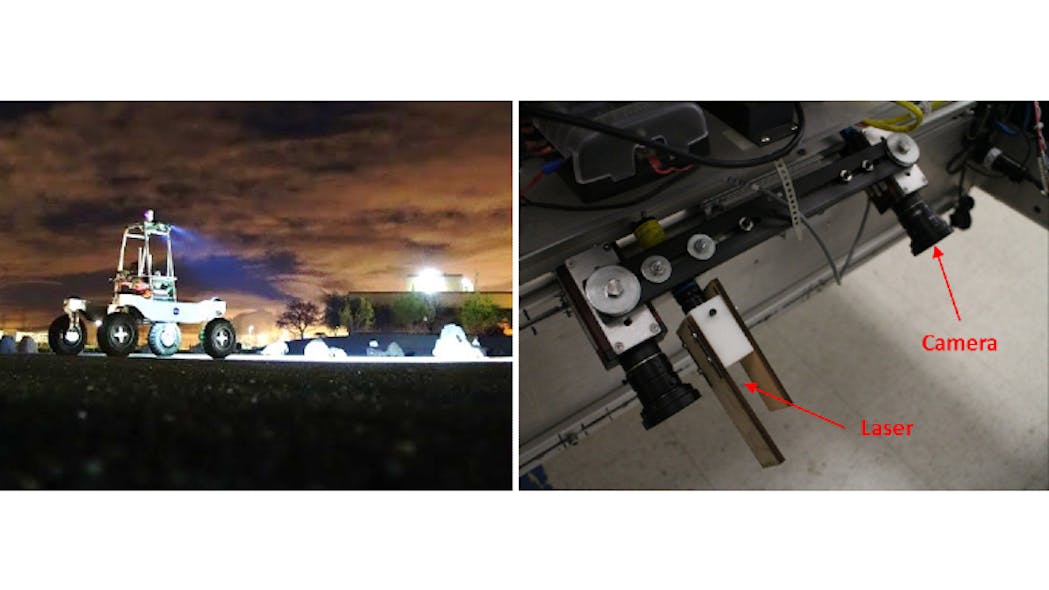 Figure 1: Experiments made use of NASA&rsquo;s K-REX2 rover, pictured here night testing in the Roverscape (left). The virtual bumper setup comprises a multi-dot laser projector and camera mounted on the leading edge of the rover (right).