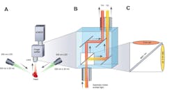 A Optical system configuration with image splitting device positioned in front of a sCMOS camera. B Emission of each complementary probe (Vm, Ca) is separated by wavelength using an image splitting device. C Dichroic cube setup with the two emission filters and a dichroic mirror.