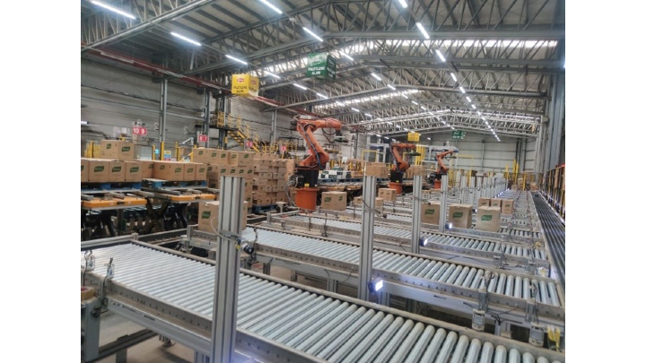 Figure 1: Nineteen cameras enable Knorr food in small boxes to be identified, sorted on 17 lines, and prepared for transport on single-type pallets by three robots. (Photo courtesy of Kibele-PIMS.)