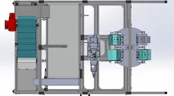 Figure 1: The four components of the pick-and-place system, left to right: feeder, backlit conveyor belt, Epson cobot, and twin-station rotary dial.