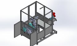 Figure 2: A human employee stands between the guard walls outside the work cell (lower left) to empty into their packaging boxes the plastic tubes in the metal nests filled by the robot. Figure 2: A human employee stands between the guard walls outside the work cell (lower left) to empty into their packaging boxes the plastic tubes in the metal nests filled by the robot.