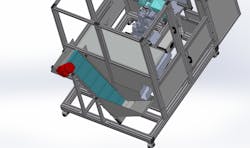 Figure 3: Plastic tubes are dumped into the bin and lifted via cleated conveyor to the beginning of the flat-belt conveyor from which the robot makes its picks. Figure 3: Plastic tubes are dumped into the bin and lifted via cleated conveyor to the beginning of the flat-belt conveyor from which the robot makes its picks.