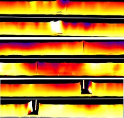 Figure 3: 3D range images (top and bottom pairs) showing typical defects—such as dog-ears, open splices, and splice bulges—and related measurements. Color has been added to the images to help show height variation. Figure 3: 3D range images (top and bottom pairs) showing typical defects—such as dog-ears, open splices, and splice bulges—and related measurements. Color has been added to the images to help show height variation.