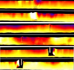 Figure 3: 3D range images (top and bottom pairs) showing typical defects—such as dog-ears, open splices, and splice bulges—and related measurements. Color has been added to the images to help show height variation. Figure 3: 3D range images (top and bottom pairs) showing typical defects—such as dog-ears, open splices, and splice bulges—and related measurements. Color has been added to the images to help show height variation.