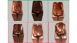 Figure 4: Good parts with natural variations (top) need to be distinguished from bad parts that show (from left to right) pitting, undersized welds, and oversized welds (bottom). Figure 4: Good parts with natural variations (top) need to be distinguished from bad parts that show (from left to right) pitting, undersized welds, and oversized welds (bottom).