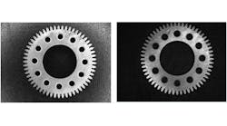 Figure 1: While the image on the left shows a flawless gear, the image on the right clearly shows a defect. Figure 1: While the image on the left shows a flawless gear, the image on the right clearly shows a defect.