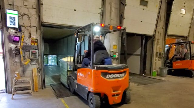 Figure 1: The RaPT rapid pallet tracking system at the Normerica warehouse installs on the left side of the loading dock and scans 2D barcodes on pallets as they load into trucks.