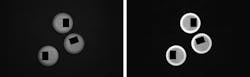 Figure 2: Bright field illumination of pills using a coaxial light (left) and dark field illumination using a low-angle ring light (right). Figure 2: Bright field illumination of pills using a coaxial light (left) and dark field illumination using a low-angle ring light (right).