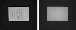 Figure 3: Blister pack imaged with an infrared dome light (left) and an infrared flat dome light (right). The camera hole in dome light casts a shadow that leads to specular reflection unlike the flat dome light that clearly shows the small tear in the packaging.