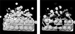 Figure 6: Various pills appear different under visible light (left) vs. under SWIR light (right).