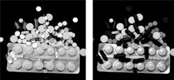 Figure 6: Various pills appear different under visible light (left) vs. under SWIR light (right). Figure 6: Various pills appear different under visible light (left) vs. under SWIR light (right).