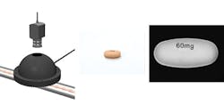 Figure 8: Imaging the surface of medicine tablets—the print on the tablet can be read even when moving at high speed by using high-power strobing. Figure 8: Imaging the surface of medicine tablets—the print on the tablet can be read even when moving at high speed by using high-power strobing.