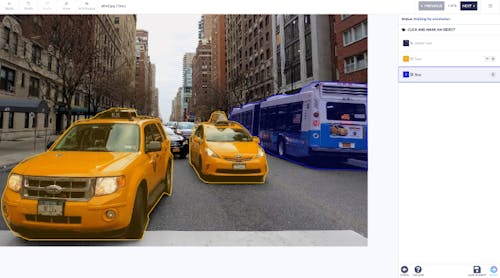 Figure 2: Annotating a complex shape requires more advanced tools than the bounding box. Above, you can see an example, taken from Zillin.io, of a polygonal marker used to label the areas covered by the taxis and the bus.