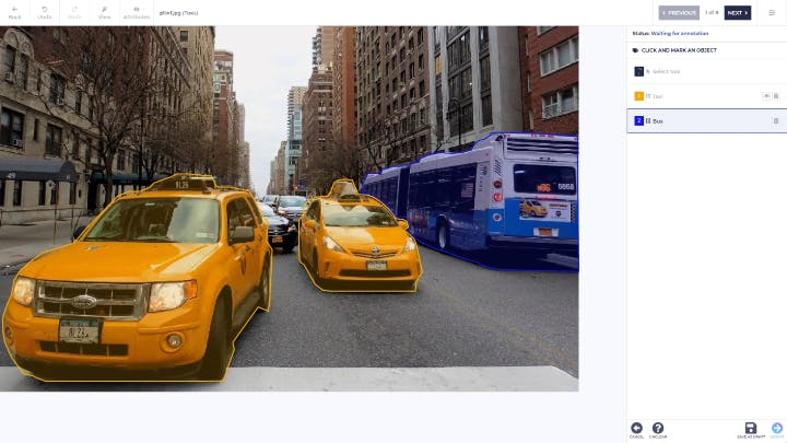 Figure 2: Annotating a complex shape requires more advanced tools than the bounding box. Above, you can see an example of a polygonal marker available, among others, in Zillin.io, used to label the areas covered by the taxis and the bus.