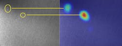 Figure 1: Generated by GUI-based deep learning software, surface inspection detects scratches on a brushed metal plate (left) and identifies them via a heatmap illustrating inspection results (right).