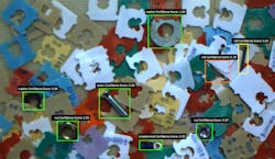 Figure. 3: In this object detection example, the green boxes specify the object locations. Labels identify the class of object. Over many training images such as these, the deep learning model learns to identify the various objects from many different angles and positions. Figure. 3: In this object detection example, the green boxes specify the object locations. Labels identify the class of object. Over many training images such as these, the deep learning model learns to identify the various objects from many different angles and positions.