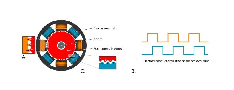 Figure 1. The basic design of a stepper motor (A). As the electromagnets are sequentially energized (B), teeth on the rotor are pulled into alignment with teeth on the energized electromagnet (C), while teeth on adjacent electromagnets are pulled out of alignment, setting the motor up for the next step. (Drawings courtesy of Zaber Technologies.)