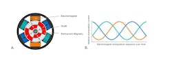 Figure 2. The basic design of a servo motor (A). As the electromagnets are sequentially energized (B), they pull permanent magnets on the rotor into alignment with electromagnets fixed to the motor body. Figure 2. The basic design of a servo motor (A). As the electromagnets are sequentially energized (B), they pull permanent magnets on the rotor into alignment with electromagnets fixed to the motor body.