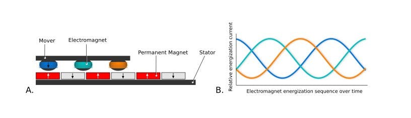 Figure 3. The basic design of a linear motor (A). As the electromagnets on the mover are sequentially energized (B), they are pulled into alignment with permanent magnets fixed to the stator.