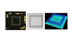 Reconstruction of the 3D BGA sample: (1) scan area, (2) wrapped phase map, (3) 3D reconstructed topography. (Image courtesy of Industrial Technology Research Institute.) Reconstruction of the 3D BGA sample: (1) scan area, (2) wrapped phase map, (3) 3D reconstructed topography. (Image courtesy of Industrial Technology Research Institute.)
