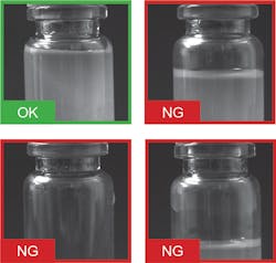 Figure 4: The transparent and reflective nature of both the glass vial and its contents makes it difficult for traditional machine vision to consistently detect the fill level. Figure 4: The transparent and reflective nature of both the glass vial and its contents makes it difficult for traditional machine vision to consistently detect the fill level.