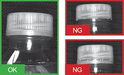Figure 5: Because of line speed and the wide range of ways in which a cap may be almost but not quite sealed, cap inspection is challenging for traditional machine vision. Figure 5: Because of line speed and the wide range of ways in which a cap may be almost but not quite sealed, cap inspection is challenging for traditional machine vision.