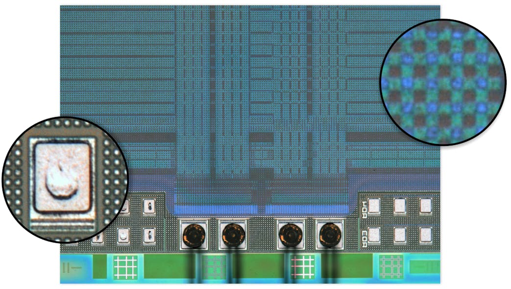Figure 6. 20x magnified view of the edge of a CMOS image sensor shows the wire bonding to the sensor die and Bayer pattern color filter array over 2.74 &micro;m pixels.
