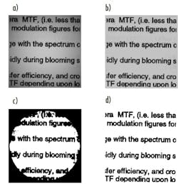 Figure 3. The images at the top are raw unprocessed images of text. The images on the left are from an FSI sensor and the images on the right are from a BSI sensor. The images at the bottom are the top images transformed through a binary image contrast comparison with an applied threshold of 70%. Figure 3. The images at the top are raw unprocessed images of text. The images on the left are from an FSI sensor and the images on the right are from a BSI sensor. The images at the bottom are the top images transformed through a binary image contrast comparison with an applied threshold of 70%.