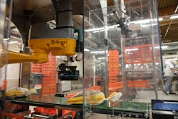 Figure 1: The Basler camera is mounted next to the Stäubli robot. It views packaged bread and sends the 3D data to Matrox Design Assistant X vision software for processing and analysis. (Photos courtesy of KINE and OEM Finland.) Figure 1: The Basler camera is mounted next to the Stäubli robot. It views packaged bread and sends the 3D data to Matrox Design Assistant X vision software for processing and analysis. (Photos courtesy of KINE and OEM Finland.)