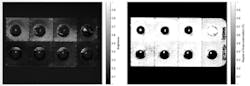 Monochrome image of a pack of pills (left). The aluminum pack reflects the linear polarized light, whereas the reflection from the pills results in unpolarized light. Thus, the DoLP shows a strong contrast between the pill and the package. The missing pill can easily be identified (right). Monochrome image of a pack of pills (left). The aluminum pack reflects the linear polarized light, whereas the reflection from the pills results in unpolarized light. Thus, the DoLP shows a strong contrast between the pill and the package. The missing pill can easily be identified (right).