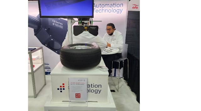 Automation Technology, one of more than 750 vendors in attendance at Automate 2023, showcased a tire inspection system equipped with its C6 3070 3D Laser Profile Sensor.