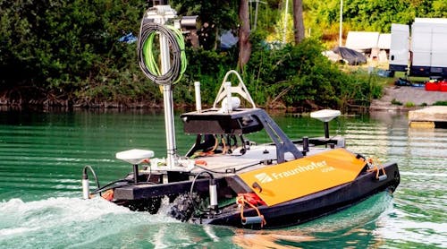 The underwater mapping system being tested on a lake near Karlsruhe, Germany. The surface vessel moves autonomously, avoiding obstacles while mapping the bottom of the lake.