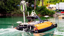 The underwater mapping system being tested on a lake near Karlsruhe, Germany. The surface vessel moves autonomously, avoiding obstacles while mapping the bottom of the lake.